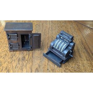 Lot Of 2 Vintage Miniature Ice Box & Cash Register Dies Cast Pencil Sharpeners